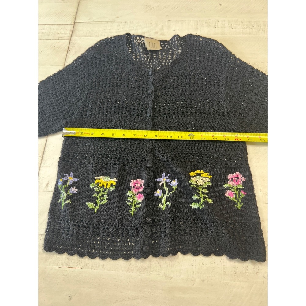 Vintage Teddi Black Crochet Knit Floral Embroidered Short Sleeve Cardigan Top - Picture 5 of 6